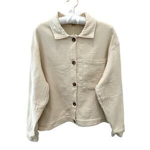 DOWNEAST Cream Boxy Button Front Jacket Textured Cotton Gauze | Medium